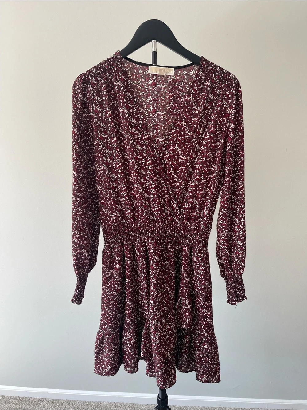 Michael Kors Burgundy Floral Long Sleeve Smock-Waist Dress